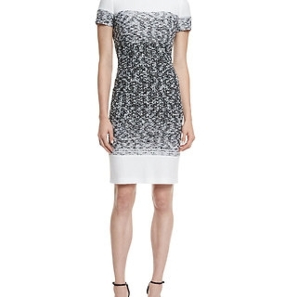 ST. JOHN Wool Blend Papillon Ombre Black White Knit Boat Neck Sheath Dress Sz 10